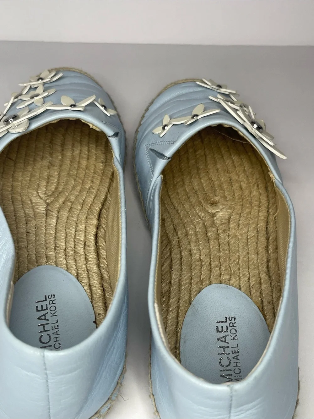 Michael Kors Light Blue Leather Lola Espadrilles size 36 Floral Appliqué